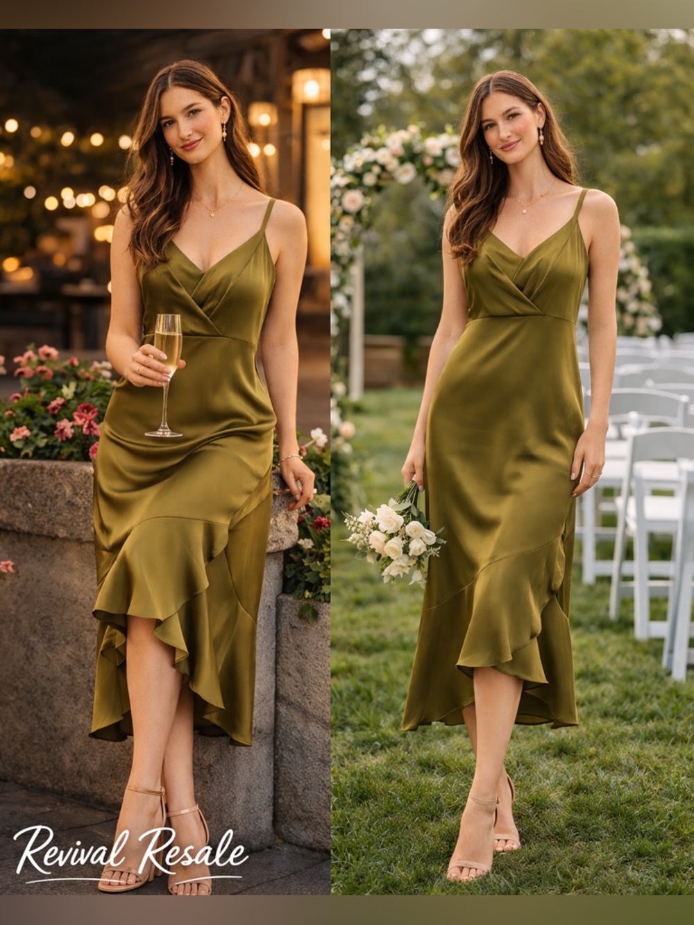 Golden Olive Satin Slip Dress Romantic Date Midi Sz Medium Wedding Guest Party
